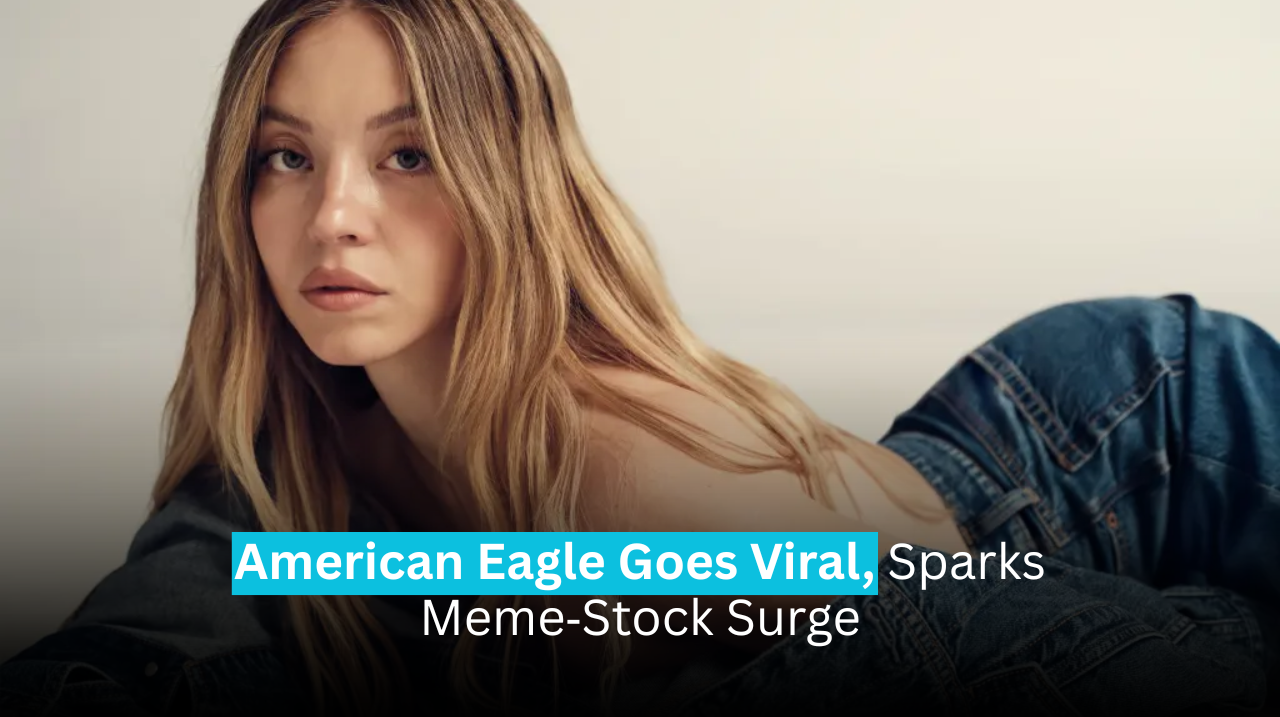 Sydney Sweeney wearing American Eagle denim in a promotional campaign image, highlighting the viral ad that sparked a meme-stock surge.